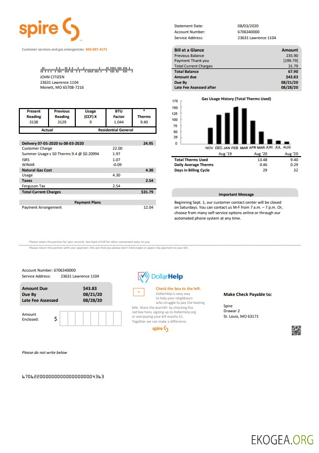 USA Spire gas utility bill template in Word and PDF format